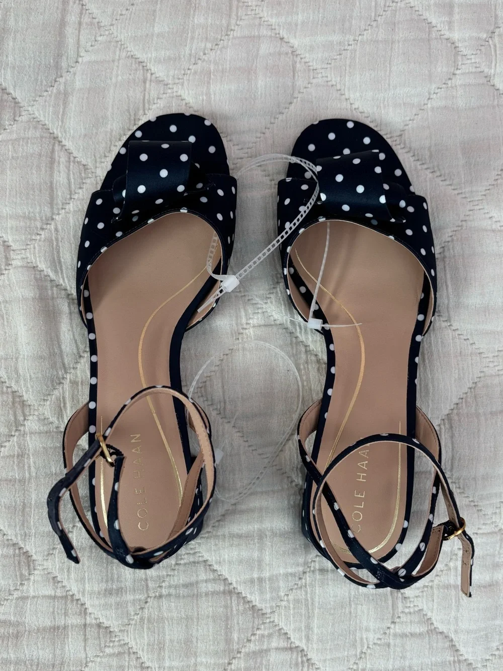 NWOT Cole Hann Fanya Florette Sandal Heels In Navy White Polka Dot Satin Sz 9 -